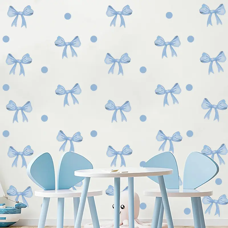 28Pcs/4sheets Blue Bow wall stickers, Sticker Set, Wall Art Stickers, Decorative Stickers, Sticker Decorations for Boy's & Girl's Bedroom, Ceiling, Playroom, Daycare, Nursery, Classroom, Refrigerator Stickers, Window stickers