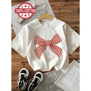 Womens 100 Percent Cotton Short Sleeve Graphic Tee Red Gingham Bow Print Cute Coquette Aesthetic Soft Casual Summer Top For Everyday Outfits