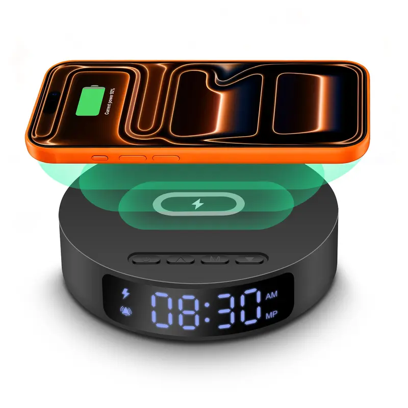 Round Futuristic Desktop Alarm Clock with Wireless Charger Dock Station for iPhone 17-13/X Series & Samsung Galaxy S26-S20, Multifunctional Bedroom Home Decor for iPhone Users, Galaxy Buds Users (Displays Time)