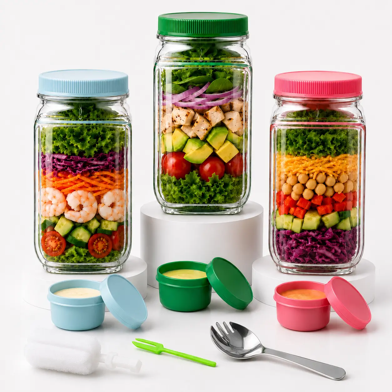 35 OZ Salad Container with Dressing Cup, Leakproof Salad Jar, Portable Meal Prep Lunch Container with Side Opening Design for Office, Gym, Travel and Everyday Use