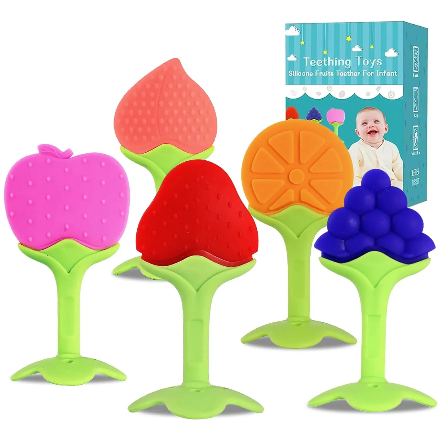 5-Pack Soft Fruit Silicone Teething Toys for Babies (0–12 Months) – Chill-and-Chew Stick-and Freeze Safe Infant Teethers