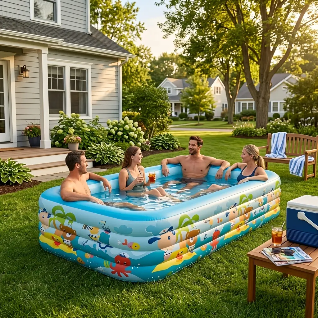 S7326607714 76.7x51x21.7in Blue and white thickened family inflatable swimming pool, thick PVC heavy-duty pool, foldable and portable inflatable pool, perfect for summer water parks, suitable for use on balconies, patios, gardens, and other settings.