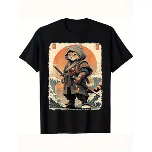 Men's Warrior Cat Pattern T-Shirt - Soft Cotton,  Crew Neck Short Sleeve, Breathable and Machine Washable, Black with Bright Orange and White Print, Loose Fit Suitable for  Wear casual commuter youth Rifle hoodies