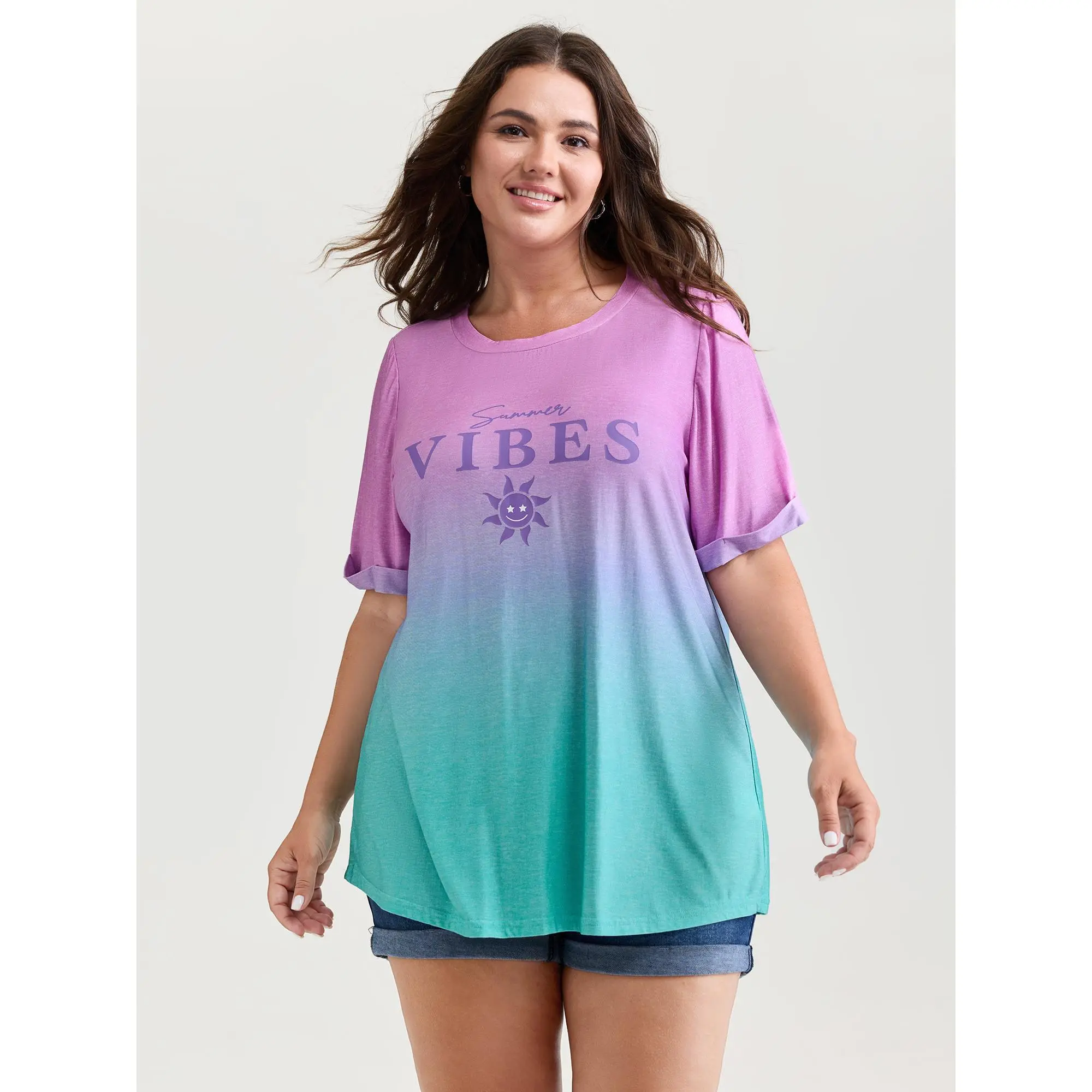 BloomChic Women's Plus Size Gradient Short Sleeve Crew Neck T-Shirt - Casual Streetwear Top with Medium Stretch Rayon Spandex, Casual Everyday Tee, Colorful Style, Playful Look, Gradient Dye, Machine Washable, Low Iron, Do Not Tumble Dry, Tshirt,Back To S