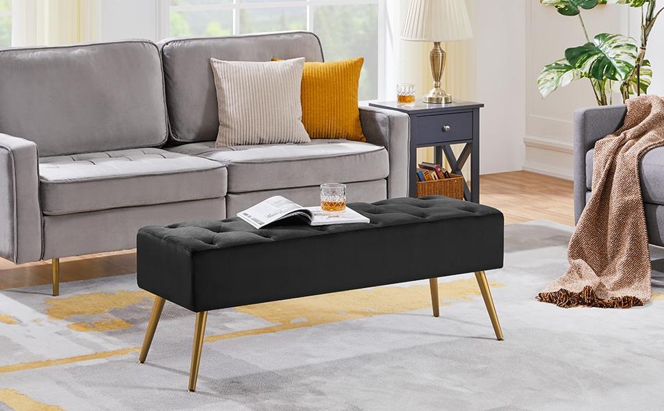 Yaheetech Ottoman Footstool Bench Boucle/Velvet Benches Upholstered Footrest with Gold Metal Legs and Padded Seat for Living Room