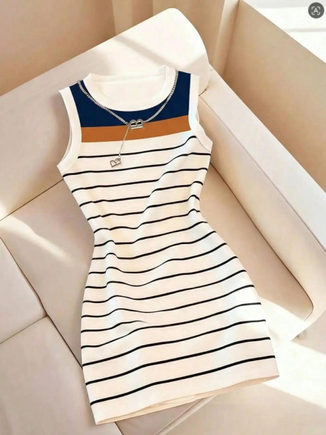 Women's Sleeveless Crew-Neck Color-Block Striped Bodycon Mini Dress, White/Blue/Brown, Slim-Fit Tank Dress for Brunch, Dates & Vacation
