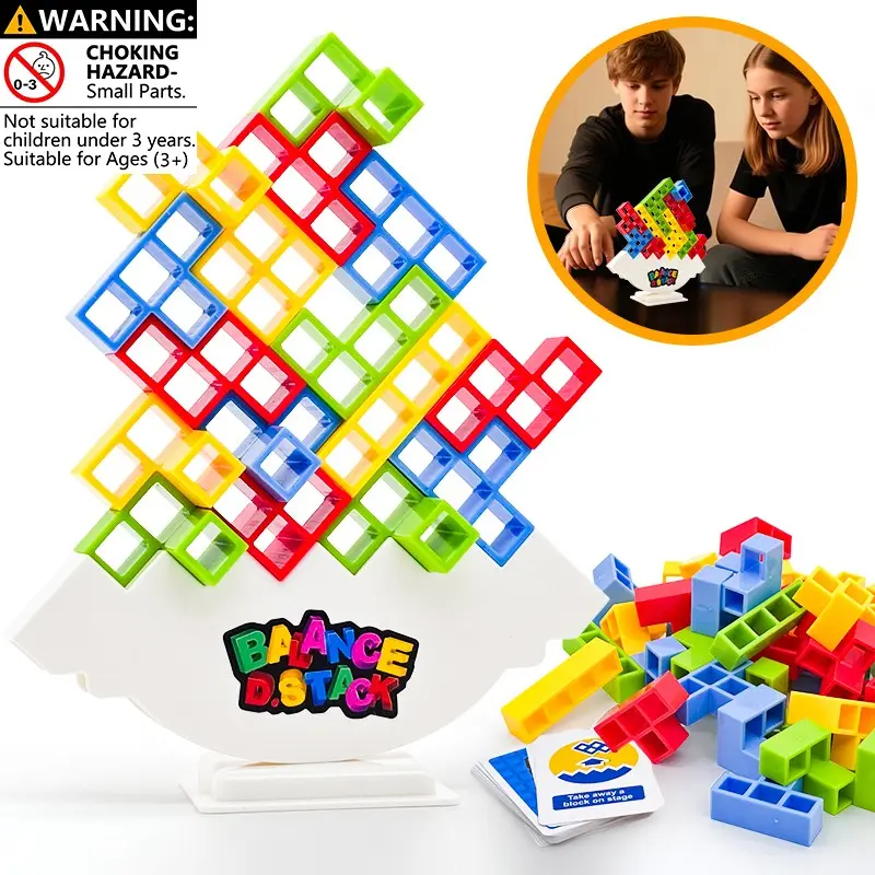 Tetris-Style Balance Stacking Game with 16-64 Block Sets, Includes Cards, Family & Party Game for Kids and Adults, Multiplayer Dexterity Skill Game, Tabletop Stacking Challenge, Family Fun Game, Boxed Gift for Birthdays, Holidays, Game Nights, Interacti