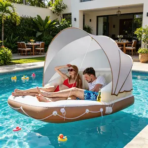 Inflatable Pool Float with Canopy & Cup Holders, Heavy Duty Floating Lounge Raft for Adults Kids, Durable Water Float for Pool Beach Lake River Summer Water Party fathersdaygiftideas