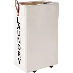 70L Large Rolling Laundry Hamper - Tall Narrow Basket With Wheels, Slim Clothes Bin, 27.5" Beige