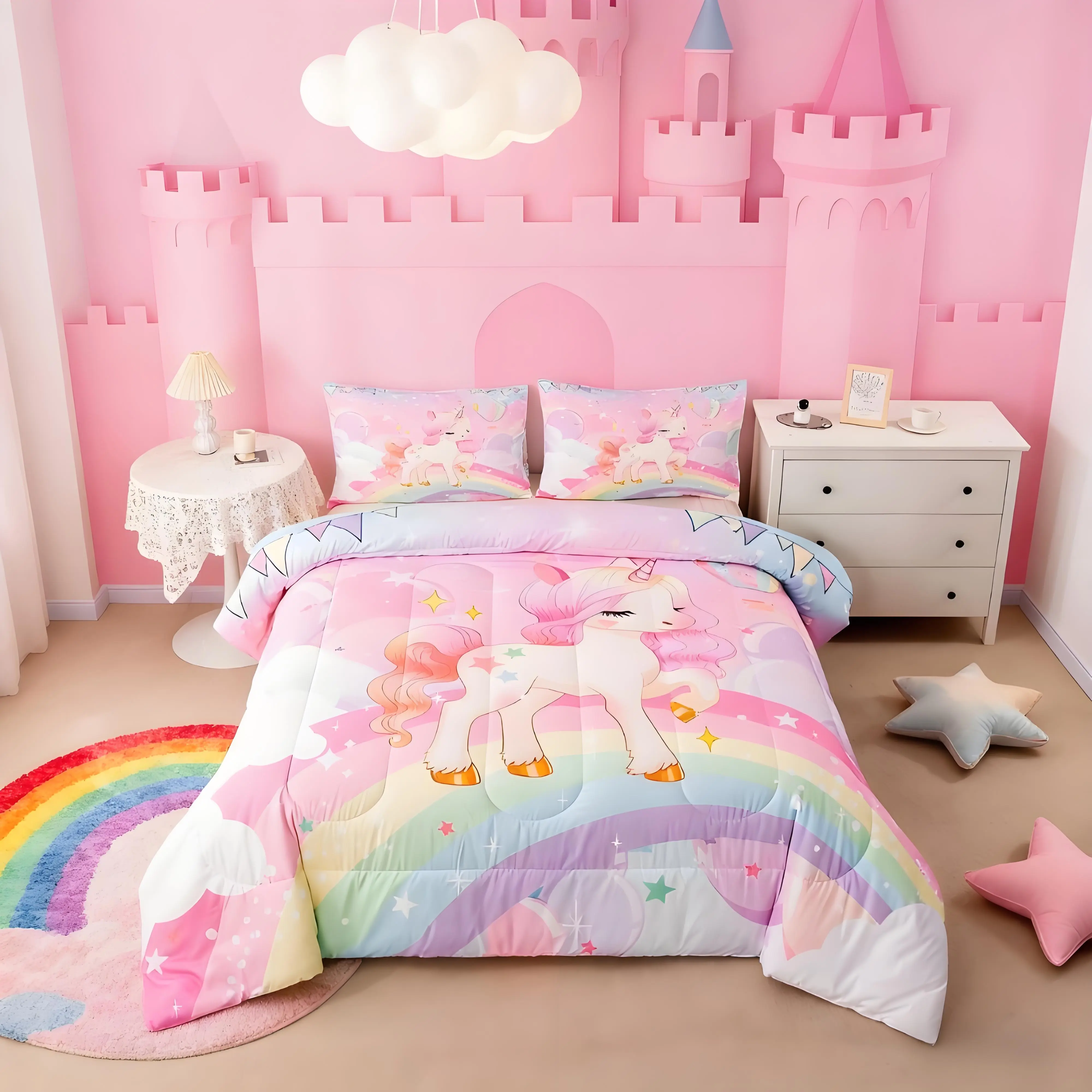 Feelyou Rainbow Unicorn Toddler Girl Bedding Set - Pink Kawaii Look, Reversible Soft Warm Durable Bedding, Fuzzy Blanket, Pillowcase Included, Lightweight Travel-Ready All-Seasons Room Decor