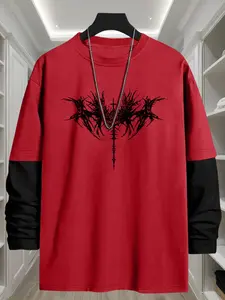 Gothic Print Loose Fit Long Sleeve Round Neck T-Shirt, Fashion Street Style Casual Top, Comfortable Trendy Gift for Fall Season