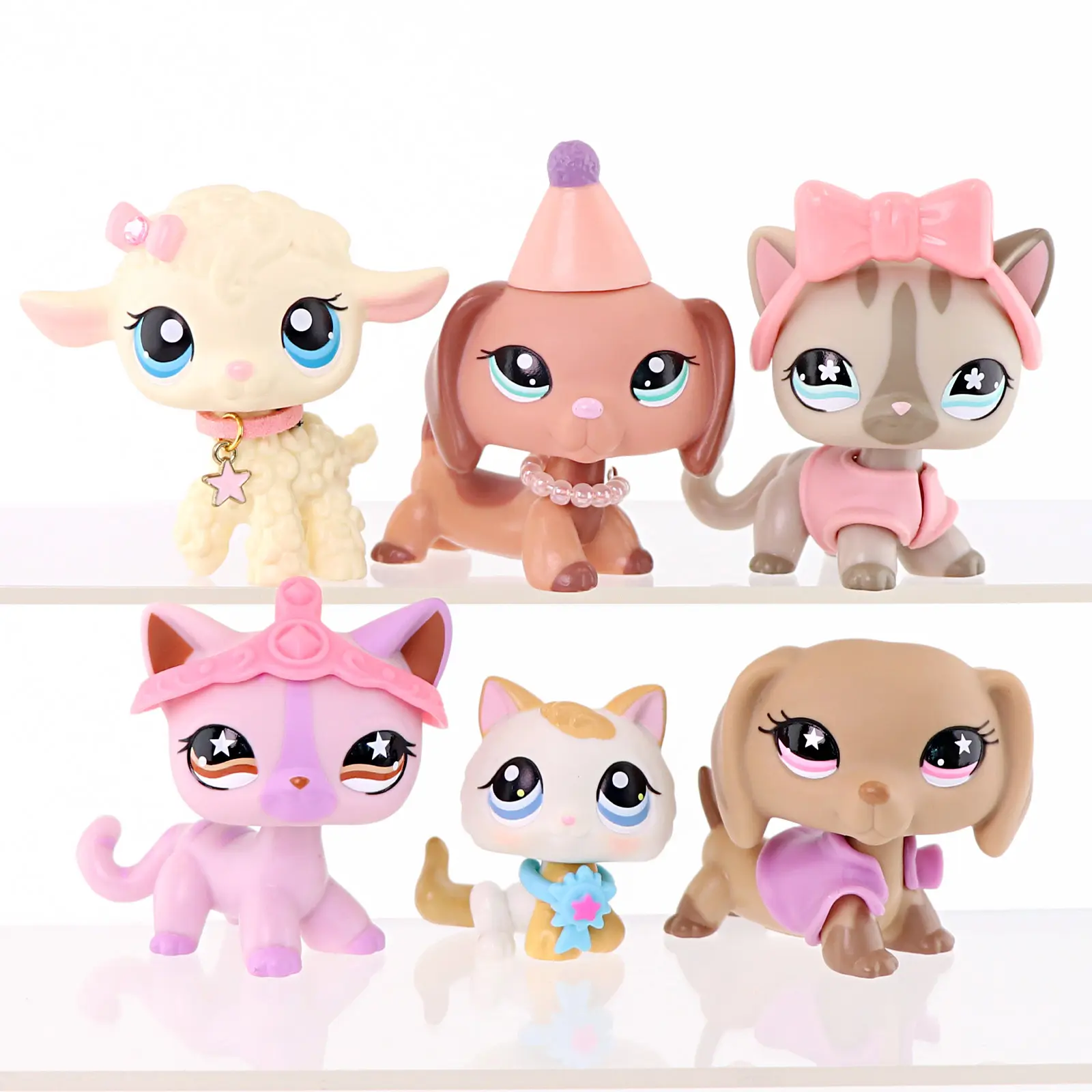 6 pcs Cute Bobble‑Head Pet Figurine Set, Cartoon Sheep Cat Dog Collectible Figures with Mini Accessories, Kids Pretend Play Toy, Birthday Party Gift