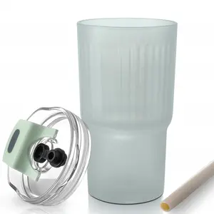 22oz Ribbed Glass Tumbler Set with Straw and Lid 2/4 Pack Viral To Go Coffee Cups Iced Tea Glasses Cute Vintage Design for Parties and Everyday Use Reusable Stylish