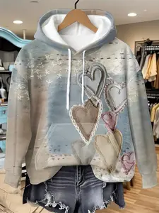 Plus Size Women's Heart Print Cute Drawstring Hoodie, Casual Long Sleeve Pullover Sweatshirt, Fall & Winter Fashion, Casual Drawstring Hooded