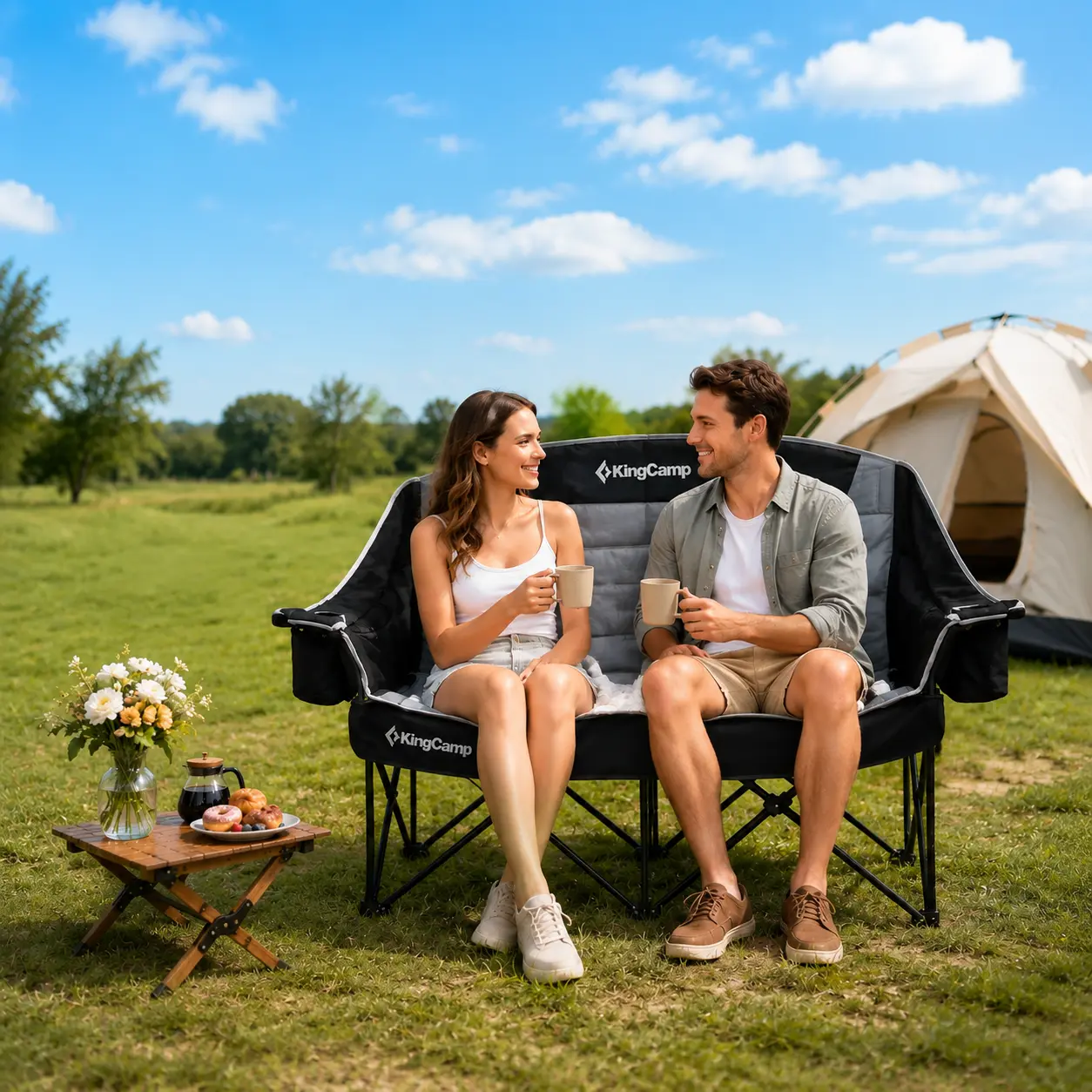 KingCamp Double Camping Chair, Oversized 880 lbs Heavy Duty Loveseat for Adults, Portable Folding 2-Person Padded Camping Couch with Cup Holders for Outdoor Lawn, Backyard & Camping  Outdoor Conversation Furniture  Outdoor Folding Chairs