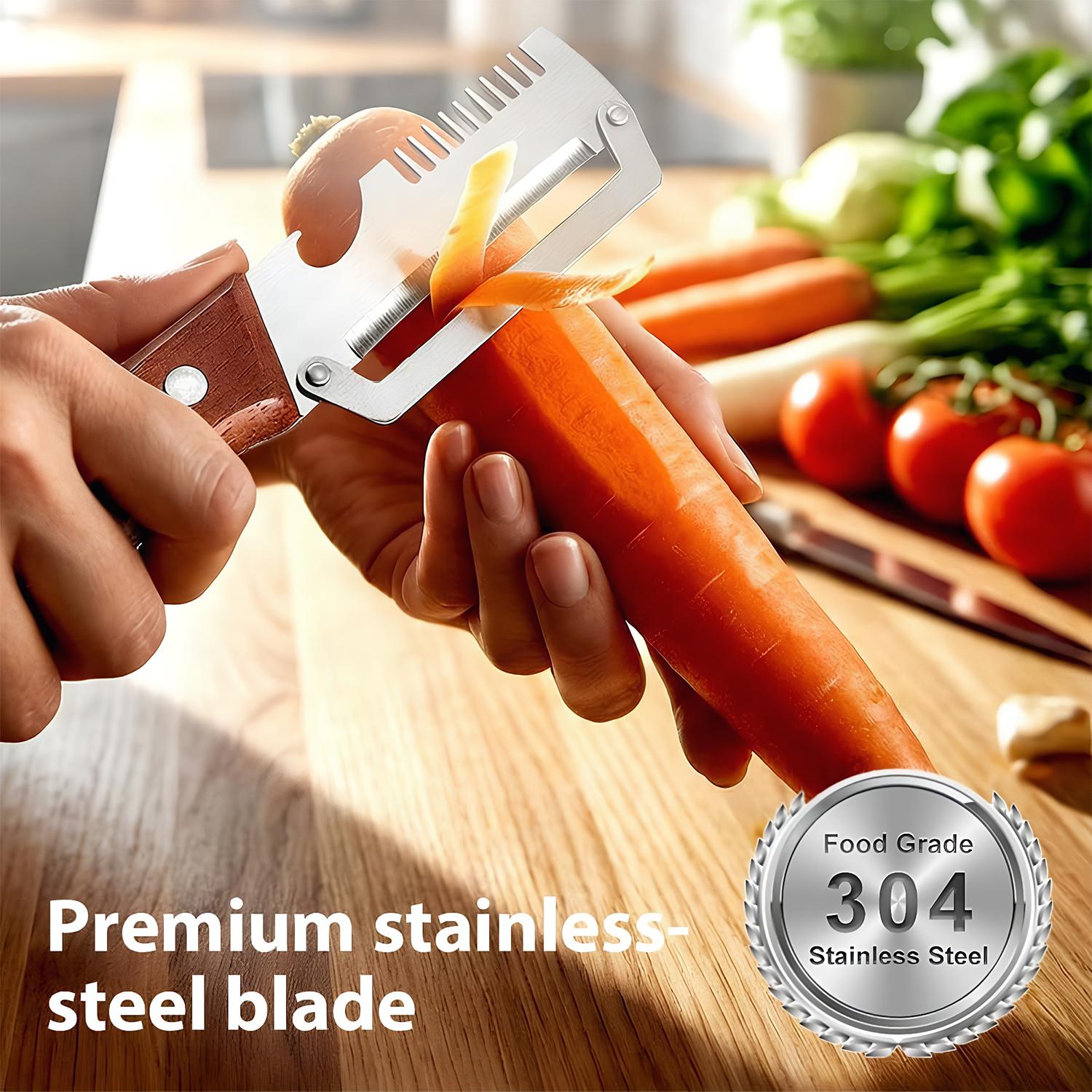 Multi-Functional Vegetable Peeler for Kitchen,Premium Stainless Steel & Durable Wooden Handle, Ergonomic Multi-Purpose Fruit Peeler for Kitchen, Sharp Durable Tool for Sugarcane, Pineapple & All Produce