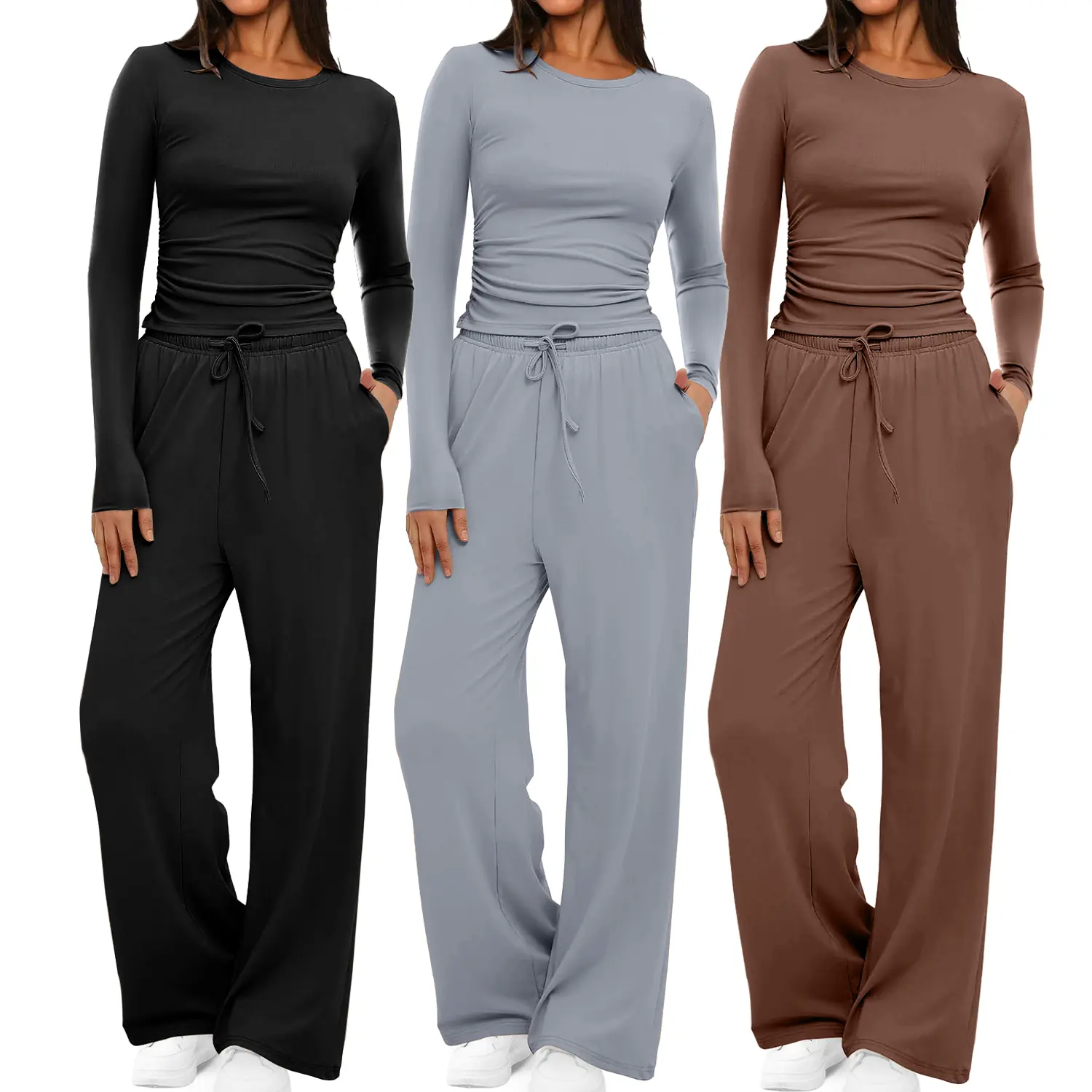 Women's 2 Piece Sets Fall Outfits Long Sleeve T-shirt & Wide Leg Drawstring Pocket Pants, Women Casual Comfy Outfits Lounge Set Matching Tracksuit Sets, Ladies Sleepwear for All Seasons