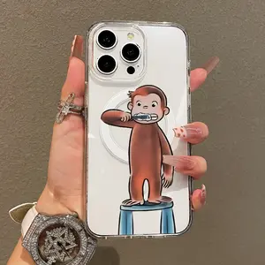 Trendy Magnetic Case for iPhone11/12/13/14/15/16/promax, Curious George Brushing Ultra Slim, MagSafe Support, Shockproof |     Playful & Fun Style
