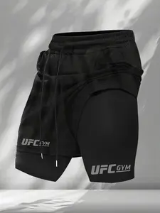 Men's fake two-piece training shorts, Drawstring active shorts, UFC GYM logo screen printed clothing, drawstring waist, suitable fit, MMA, ideal for gym workouts and running, durable prints for battle style enthusiasts