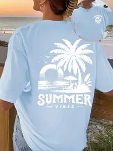 Women's Coconut Tree Print Round Neck Tee, Casual Summer Chic Clothes for Daily Wear, Ladies Summer Outfit, Top, Crewneck, Casual Style Tee