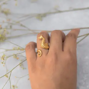 Ocean Gold-color Stainless Steel Seahorse Opening Ring,