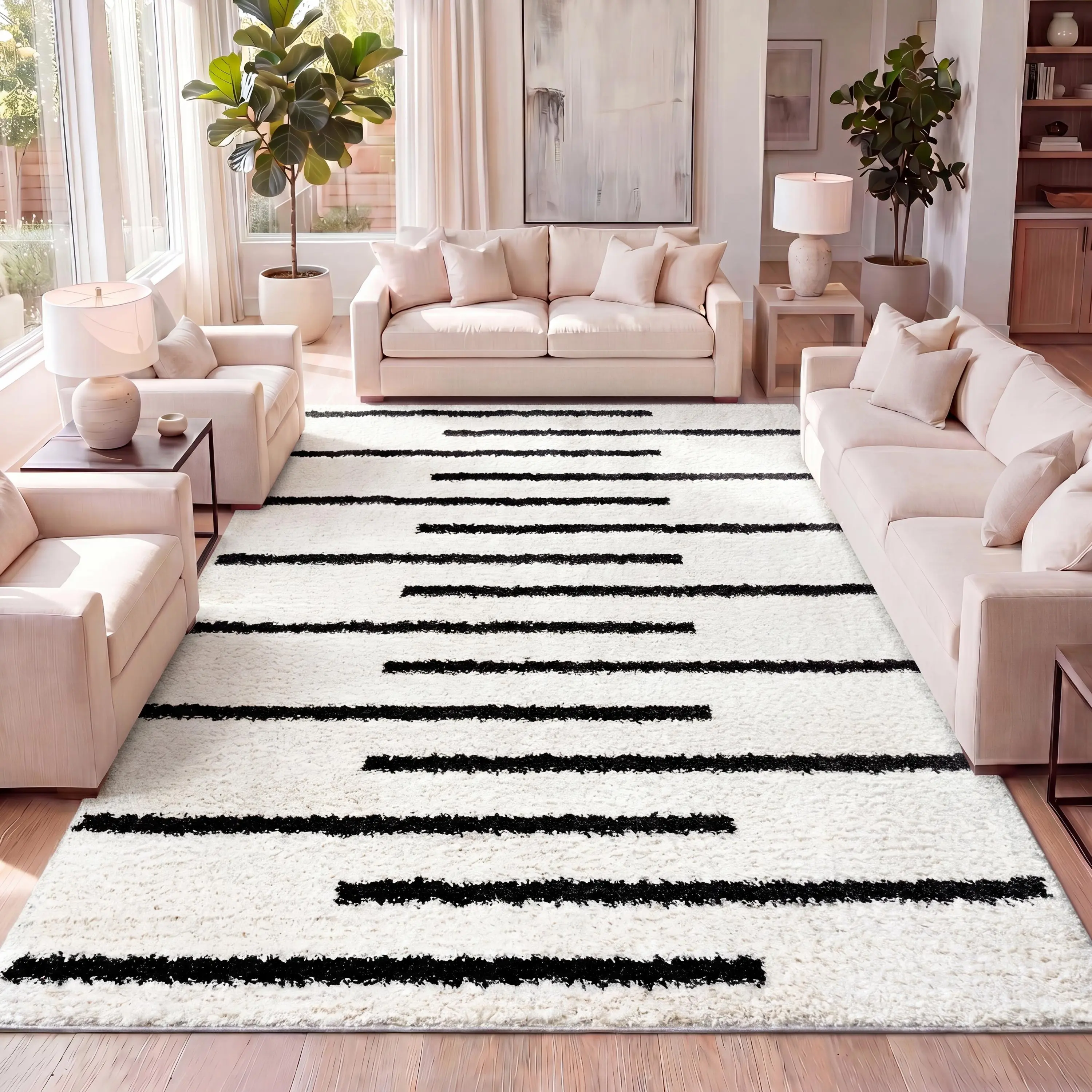 JONATHAN Y Alaro Berber Stripe Shag Indoor Area Rug - Modern, Soft, Fuzzy, Contemporary Home Decorative Rug for Living Room, Bedroom, Modern Shaggy Rug