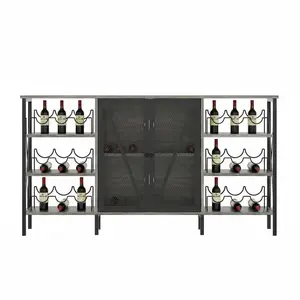 YJ-Garvee Rustic Wine Bar Storage Cabinet with Bottle Rack, Stemware Holder, LED Lighting, Metal Buffet Sideboard, and Mesh Door; Home Coffee Bar Liquor Console Cabinet  55.12"