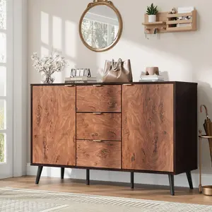 Spacious Walnut Sideboard Buffet Cabinet, Large Storage Credenza with Drawers, Shelves & Doors, Metal Handle Design Compatible with Robot Vacuum, Dining Room Storage Organizer
