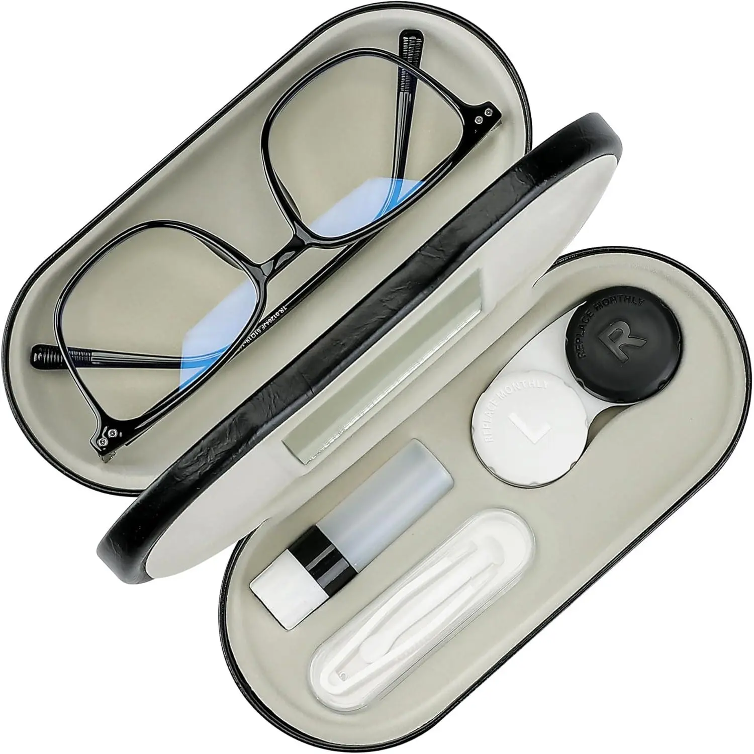 PU Leather 2-in-1 Portable Glasses & Contact Lens Case Set with Tweezer, Everyday Use for Adults, Business-Friendly Fashion Accessory, Contact Wearer