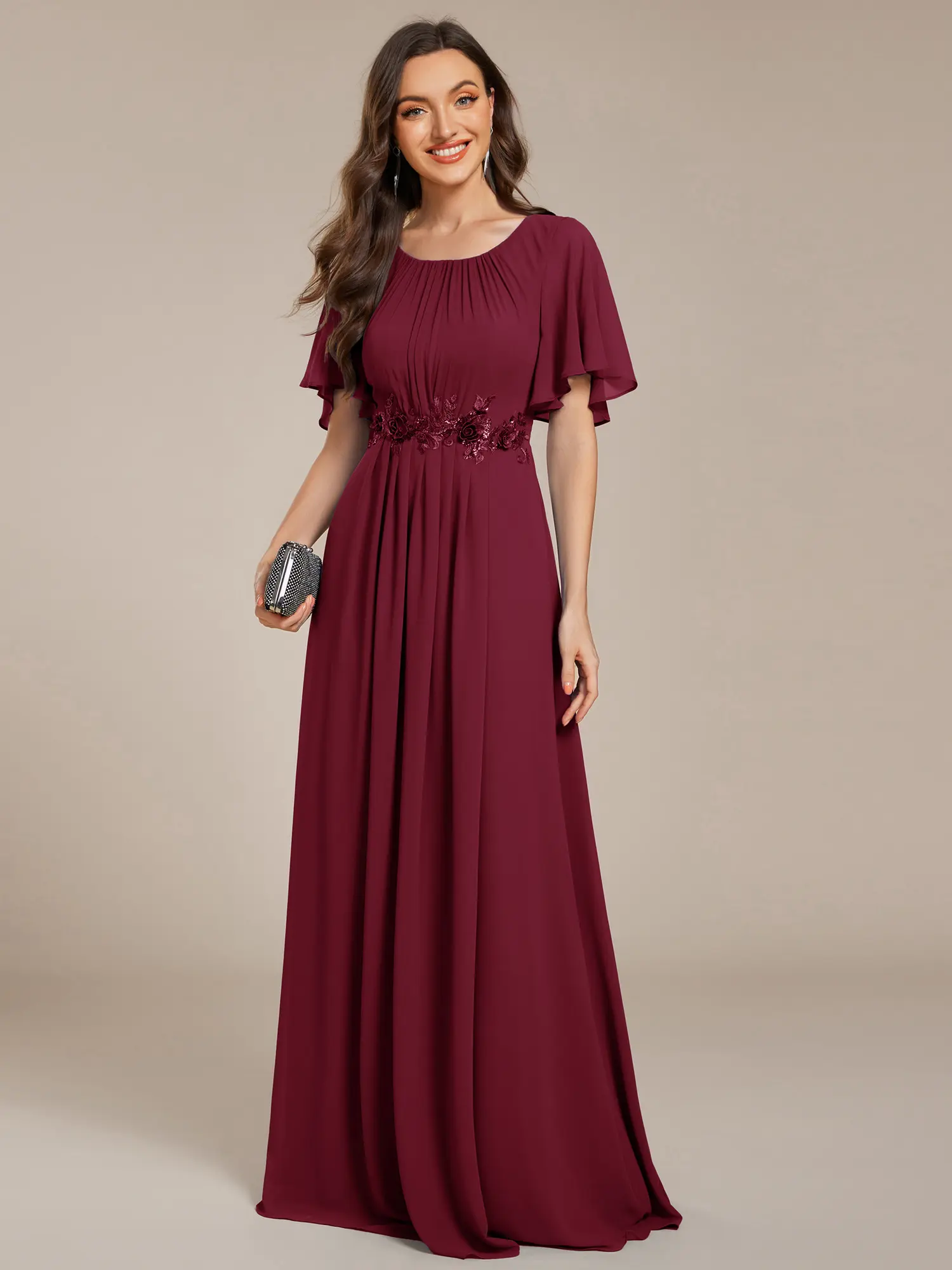 Ever-Pretty  2026  dress Short Sleeve Pleated Applique A-Line Floor-Length Formal Evening Dress for Women - Elegant Maxi Dress with  – Flowy & Slim Fit Gown for Parties, Proms, Weddings & Formal Events 02960