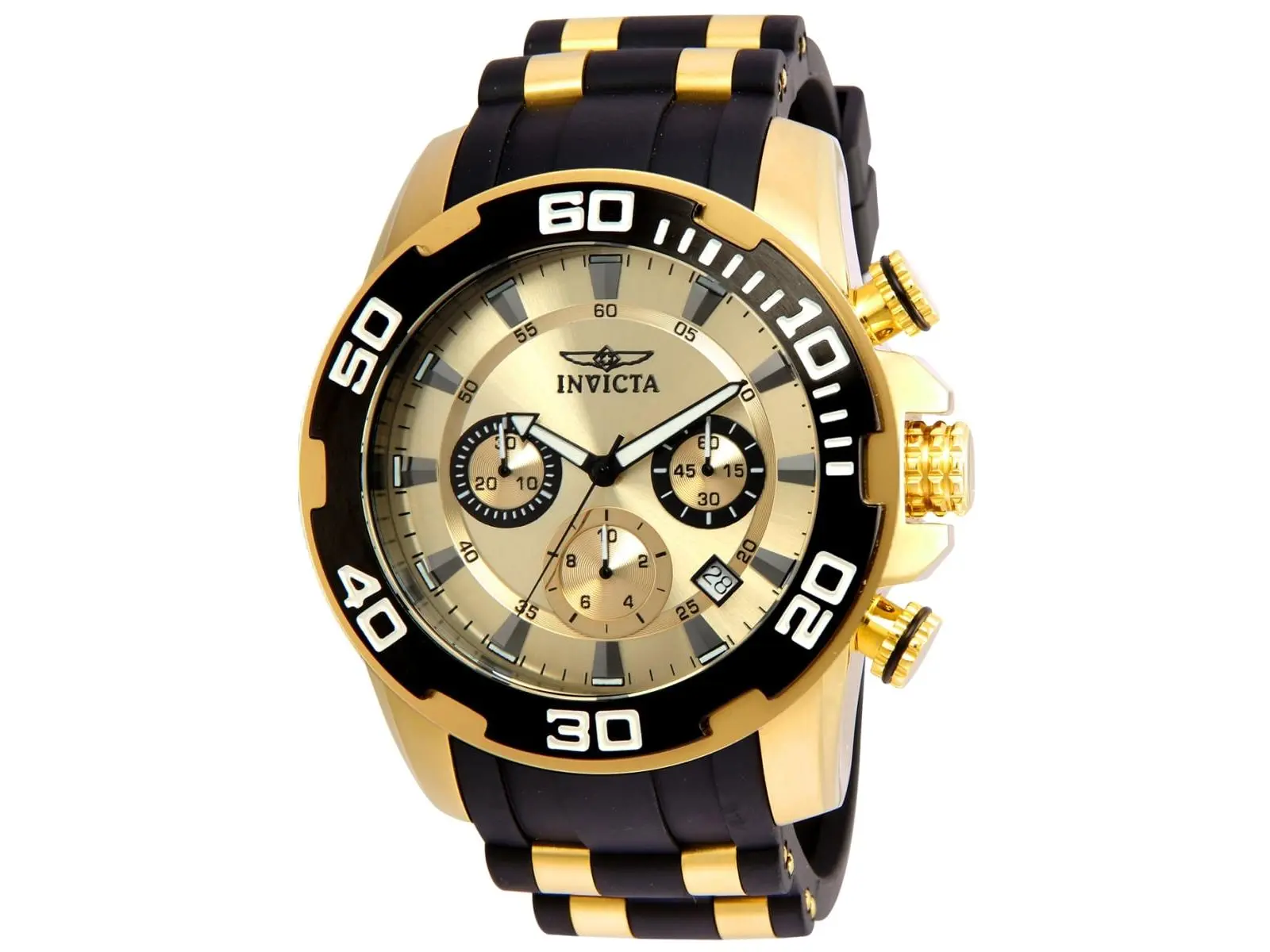 Invicta Men's Pro Diver Glow-in-the-Dark Self-Luminous Quartz Chronograph Watch with Gold Dial, Model 22346 (UPC: 886678273713), Glow-In-The-Dark Quartz Watches, Self-Luminous Quartz Watches