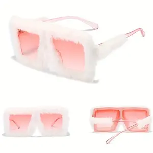 Women’s Oversized Pink Glasses Wide Frame PC Eyewear Lightweight Non-Prescription Shades with Fuzzy Texture Statement Fashion Accessory for Parties Costume Daily Wear Street Style