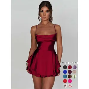 Women's Plain Lace Up Backless Tiered Layer Stretchy Satin Cami Dress, Summer Clothes Women, Elegant Cowl Neck Sleeveless A Line Short Dress for Party Holiday Wedding Guest, Dresses for Women, Bridesmaid Dresses
