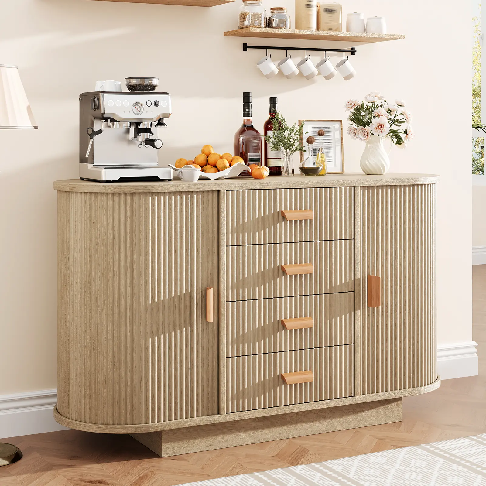 47"-Width Modern Fluted Sideboard Buffet Cabinet with Oak Veneer, Oval Profile, 4 Drawers, 2 Arched Sliding Doors & 60" Buffet Table, Coffee Bar Storage Console for Dining & Living Room, Assembly Required, Various Room Types