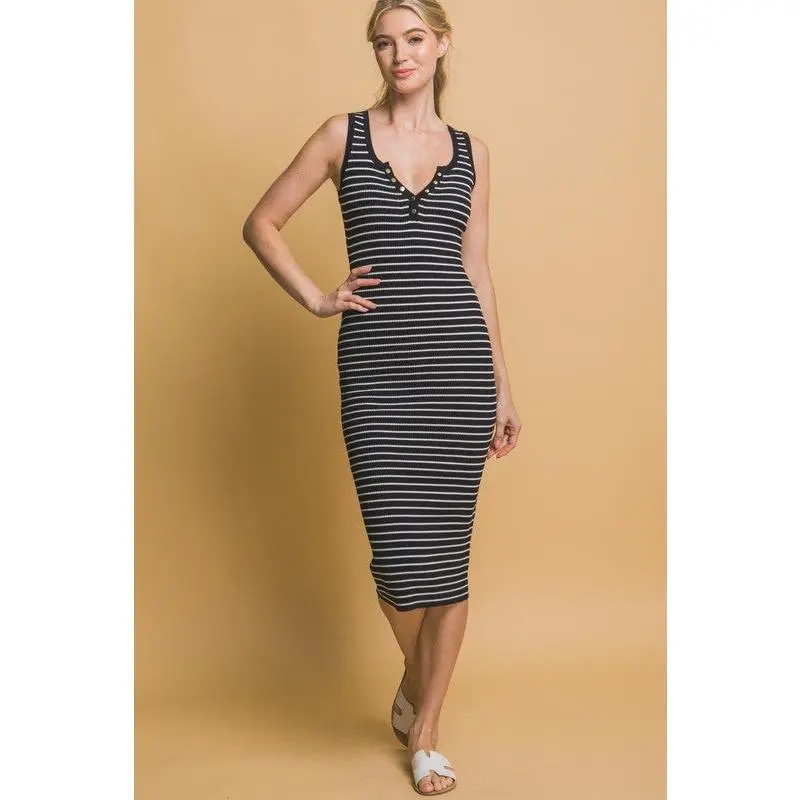 Striped Knit Bodycon Midi Dress  | Black