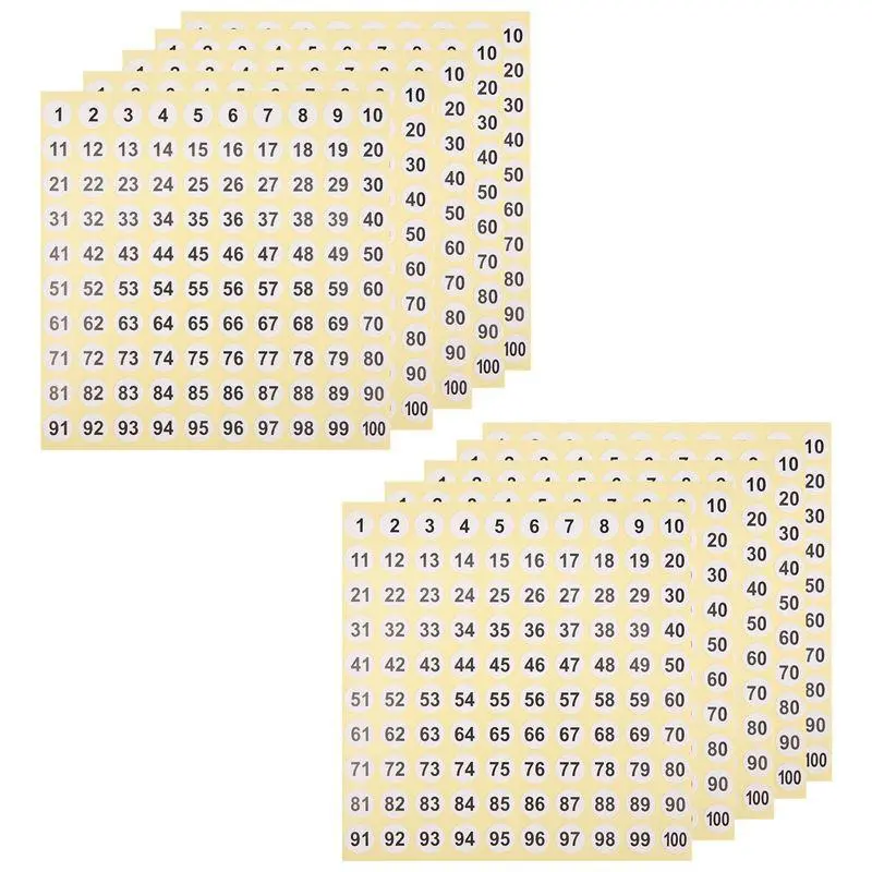 100 Sheets Number Label Stickers 1–100, Round Stickers, 0.4 inch, Small Self-Adhesive Number Labels for Office