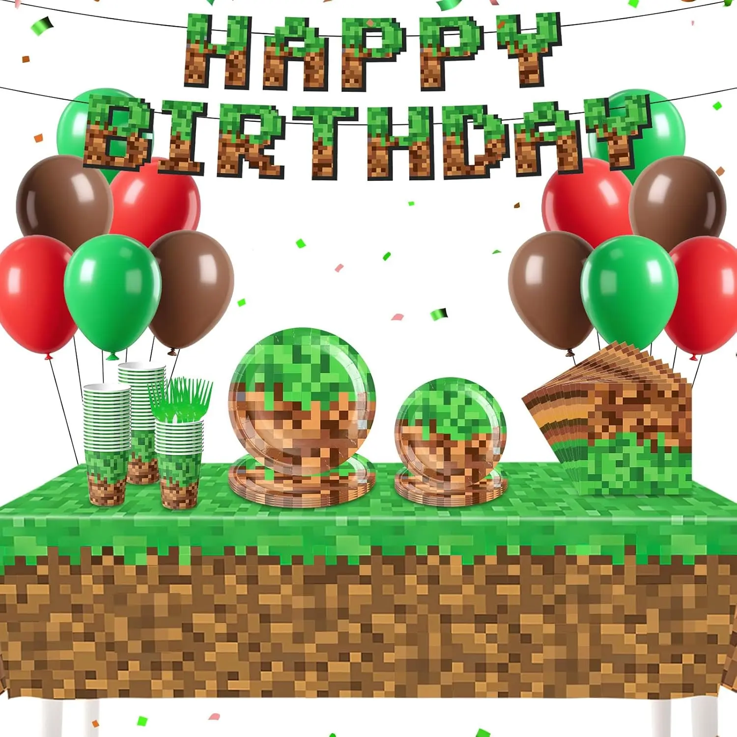 134-Piece Pixel Gaming Happy Birthday Party Supplies Set for Child - Balloon Decor, Party Banner, Gifts, Napkins, Plastic Forks, Stain-Resistant Tablecloth, Serves 24 Guests (Suitable for Baby Shower)