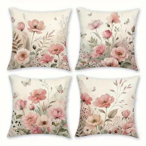 4pcs-Spring Vintage Themed Throw Pillow Covers, Watercolor Peony and Butterfly, Vintage Floral Pattern, Decoration for Couch Sofa, Room Decor and Bedroom Decor, Suitable for Spring Decoration, 2D Flat, Single Sided Printing, Home Textile, No Pillow Core
