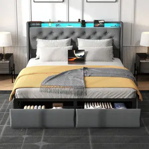 Full Size Bed Frame with Storage Drawers and Bookcase Headboard, RGB LED Light & USB Charging Station, Heavy-Duty Metal Platform Bed Frame with Slats, Noise Free, No Box Spring Needed, Grey
