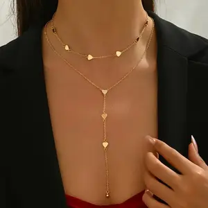 Gold Layered Heart Lariat Necklace for Women Dainty Y Drop Choker Love Pendant Adjustable Layered Romantic Minimalist Jewelry Gift for Her Valentine Birthday Anniversary Date Night Bridal Shower Trendy Fashion Statement Necklace