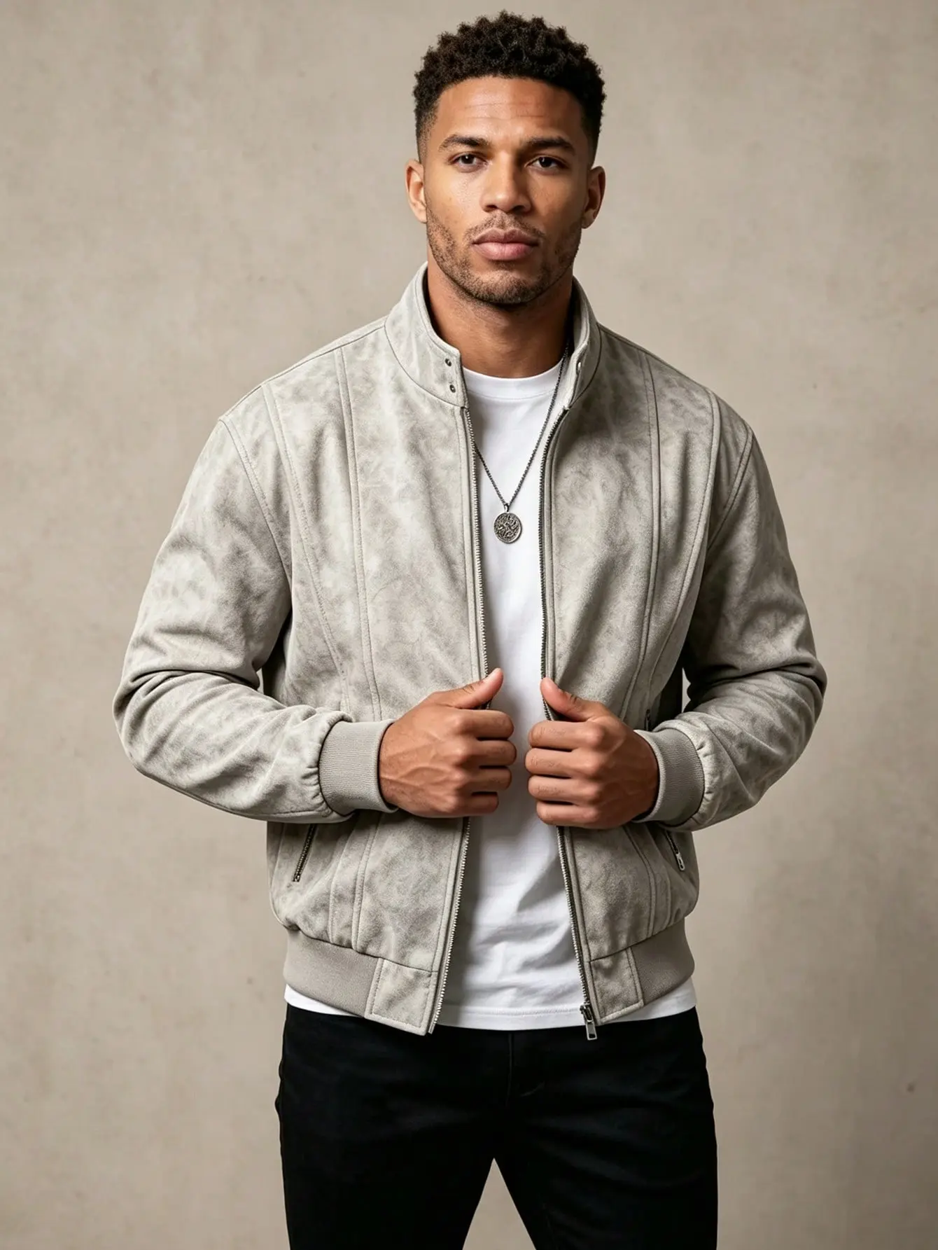 Men's Casual Gray Bomber Jacket with Zipper Closure and Long Sleeves for Everyday Wear  faux leather jacket