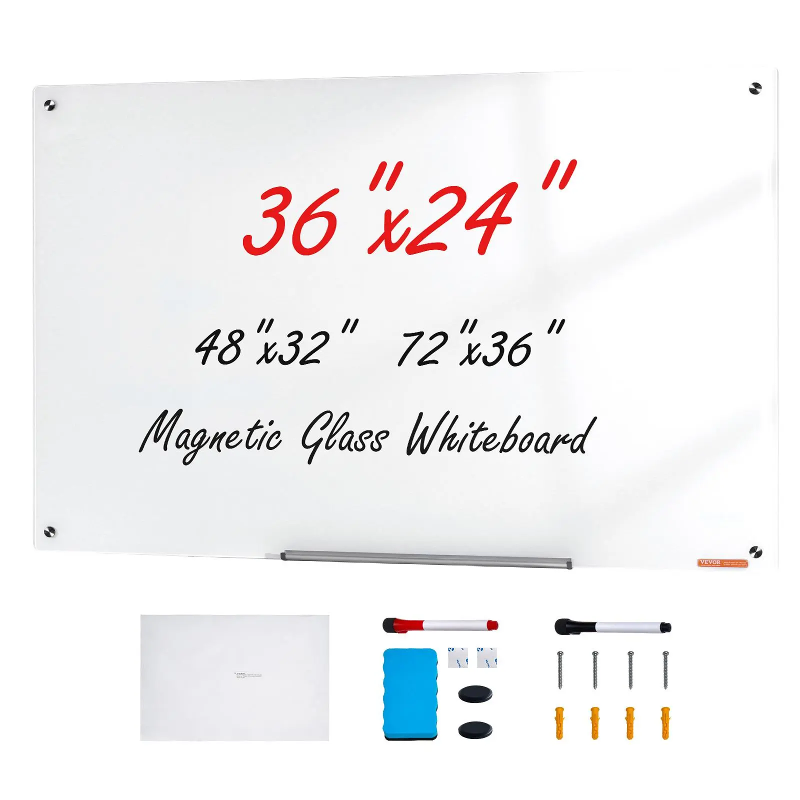 【Summerfinds】VEVOR Magnetic Glass Whiteboard, Dry Erase Board 36"x24", Wall-Mounted Large White Glassboard Frameless, with Marker Tray, an Eraser and 2 Markers, White
