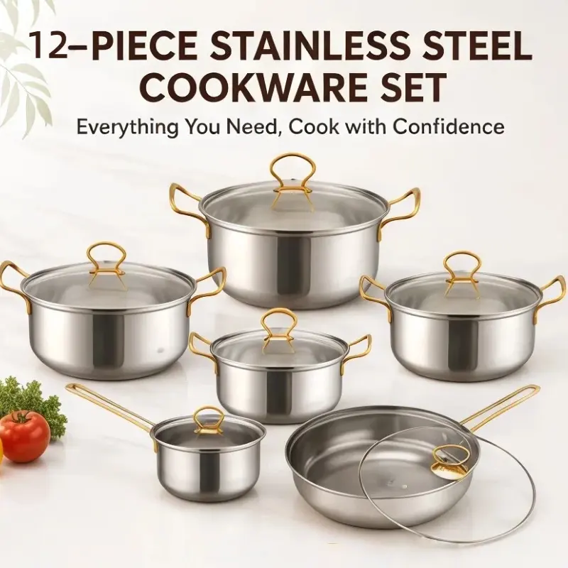 12-Piece Premium Heavy-Gauge Stainless Steel Cookware Set – Features gold-tone metal handles and a tri-ply base for even heating and non-stick performance. Includes tempered glass lids; a complete set comprising a stockpot, saucepan, and frying pan.