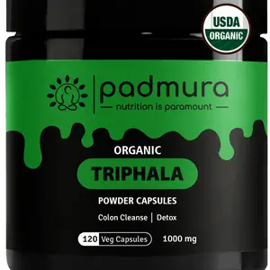 PADMURA Organic Triphala Powder Capsules 1000mg | USDA Organic Certified | Non GMO | Gluten Free | Vegan - 120 Veg Capsules Healthcare Fitness