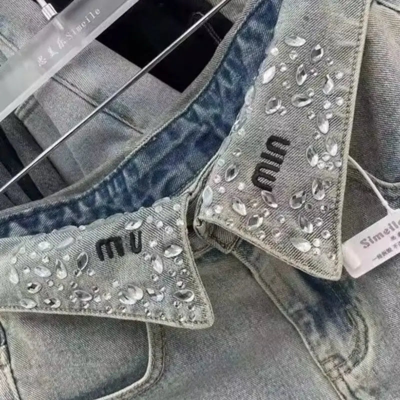 Retro Lapel Diamond Encrusted Ort Skirt Asymmetric Casual Sle Girls Mid Waist Design Embellied Skirt with Button Closure
