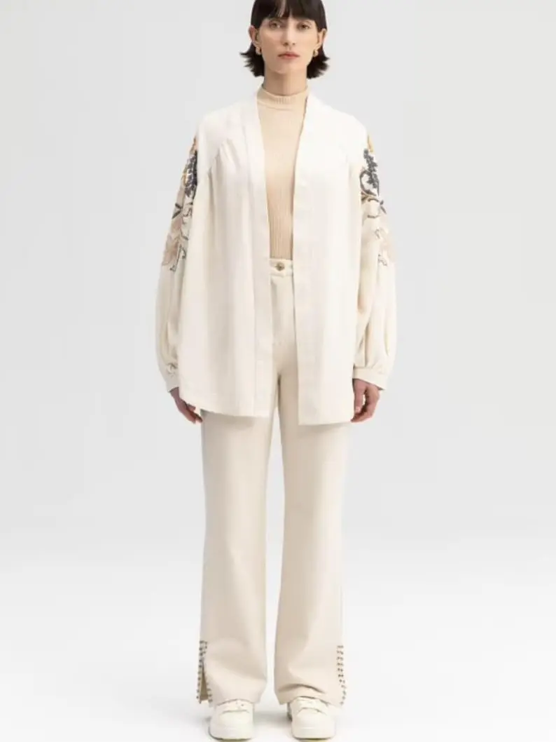 Embroidered Kimono Jacket, Linen Blend Oversized Jacket