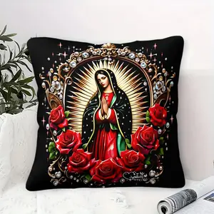 Our Lady of Guadalupe Throw Pillow,Religious Accent Pillow with Red Roses & Rhinestone Details,Soft Decorative Cushion for Sofa Bedroom Prayer Room,Sacred Vintage Luxury Style,Perfect Faith-Inspired Home Decor & Gift