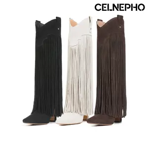 CELNEPHO Women Cowboy Boots Square Toe Knee High Fringe Boot Easy Pull on Tabs Metal Studs Western Design Cosplay Wear Party Horse Riding Country Wedding Dress Shoes