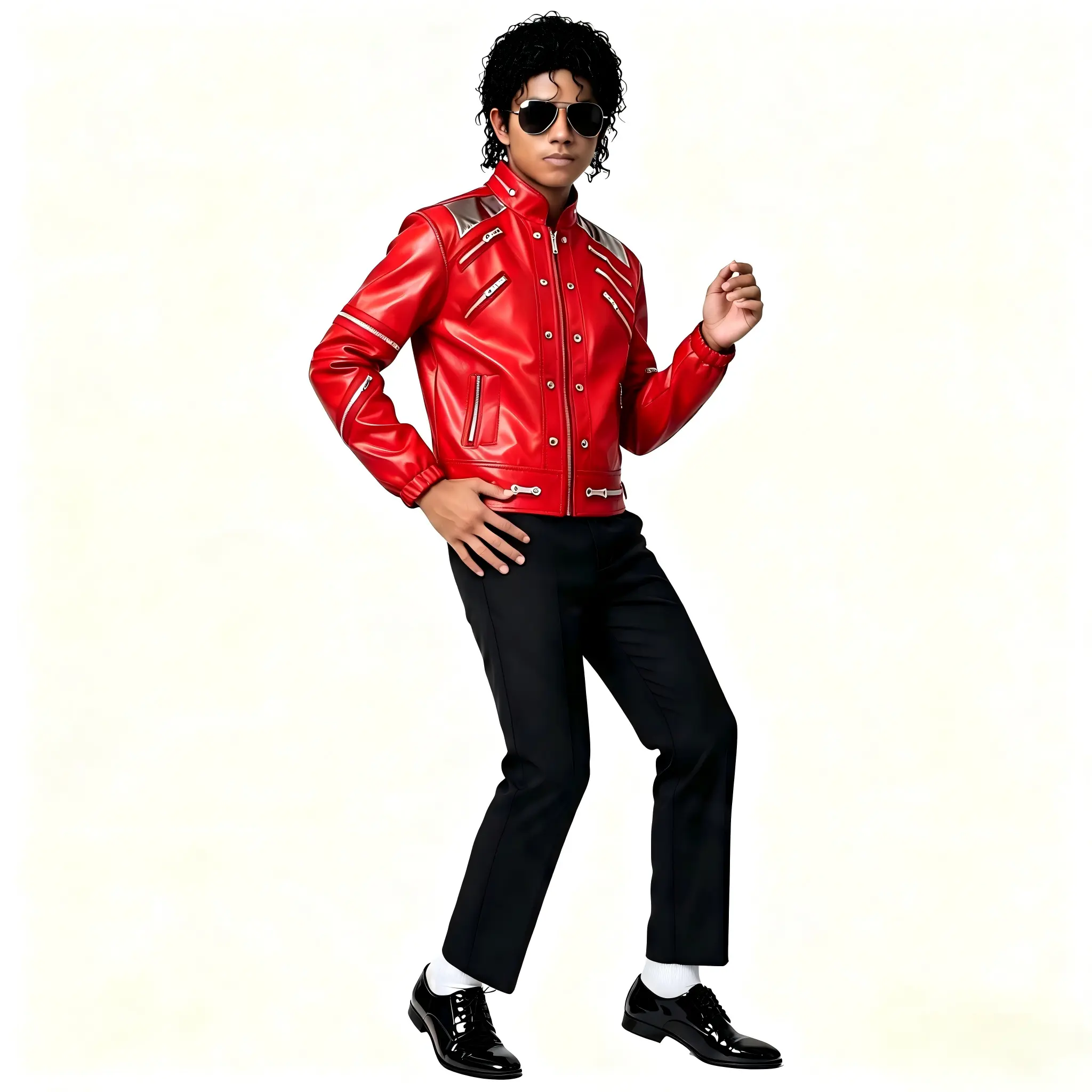 Kids Michael Jackson Cosplay 3 Piece Outfit, Red Zipper Leather-Look Jacket + Piano Note Print White T-Shirt + Black Straight Pants, Boys Pop Star Stage Performance Halloween Costume Set