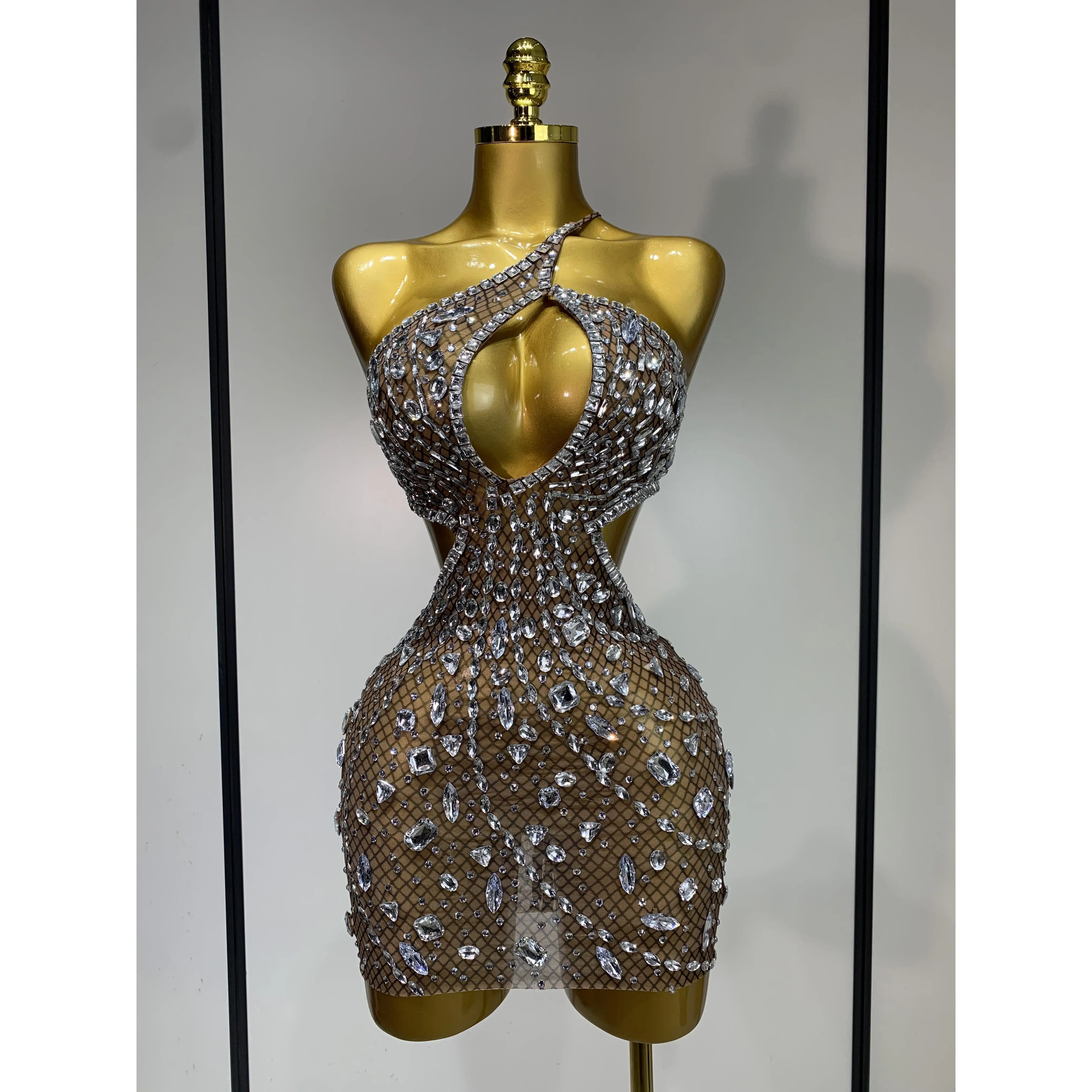 Sexy Sparkly Diamond Backless Short Dress 2025 Women Sleeveless Mesh See Through Evening Birthday Gown Singer Stage Outfit